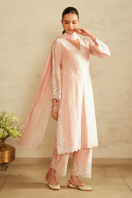 Saisha_Pink Chanderi , Cotton, Chanderi, Lace, Embroidery Baby Kurta Set _at_Aza_Fashions