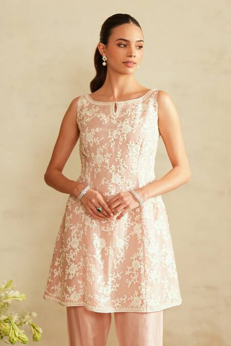 Saisha_Pink Organza, Chanderi Silk Embroidery Round Neck Baby Kurta Set _Online_at_Aza_Fashions