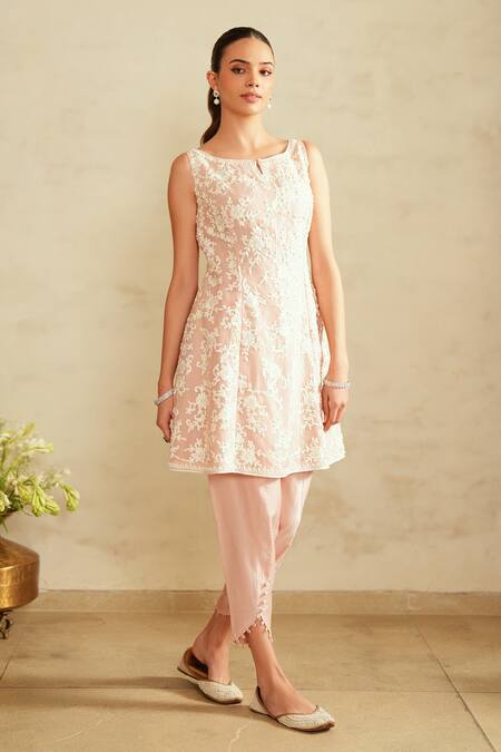 Buy_Saisha_Pink Organza, Chanderi Silk Embroidery Round Neck Baby Kurta Set _Online_at_Aza_Fashions