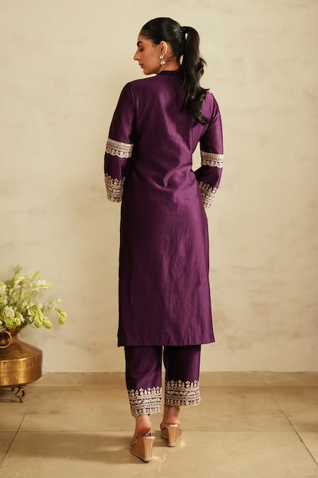 Saisha_Purple Chanderi Silk, Chanderi, Silk, Organza Embroidery Mandarin Kurta Set _Online_at_Aza_Fashions