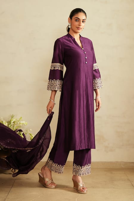 Shop_Saisha_Purple Chanderi Silk, Chanderi, Silk, Organza Embroidery Mandarin Kurta Set _Online_at_Aza_Fashions