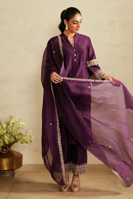 Saisha_Purple Chanderi Silk, Chanderi, Silk, Organza Embroidery Mandarin Kurta Set _at_Aza_Fashions