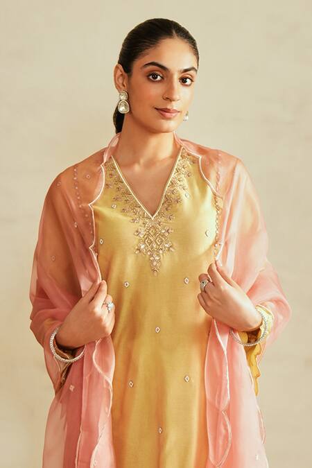 Saisha_Mustard Chanderi Silk, Chanderi, Silk, Organza Embroidery Green Kurta Set _Online_at_Aza_Fashions