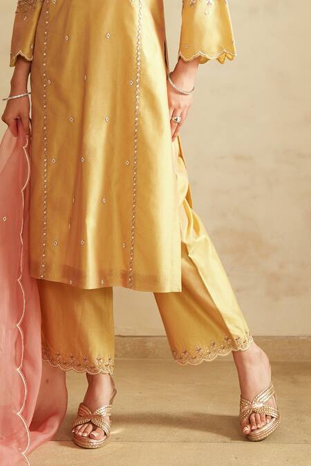 Shop_Saisha_Mustard Chanderi Silk, Chanderi, Silk, Organza Embroidery Green Kurta Set _Online_at_Aza_Fashions