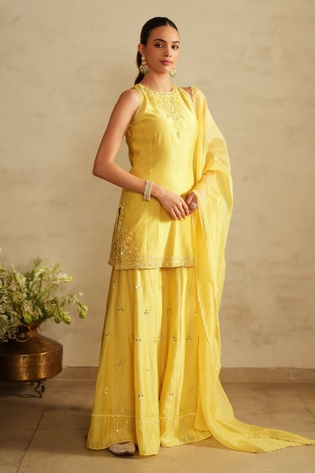Shop_Saisha_Yellow Chanderi Silk, Organza Sequins, Embroidery Round Neck Lemon Kurta Set _Online_at_Aza_Fashions