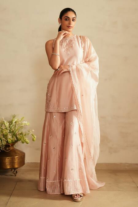 Saisha_Pink Chanderi Silk, Organza Sequins, Embroidery Round Neck Baby Kurta Set _Online_at_Aza_Fashions