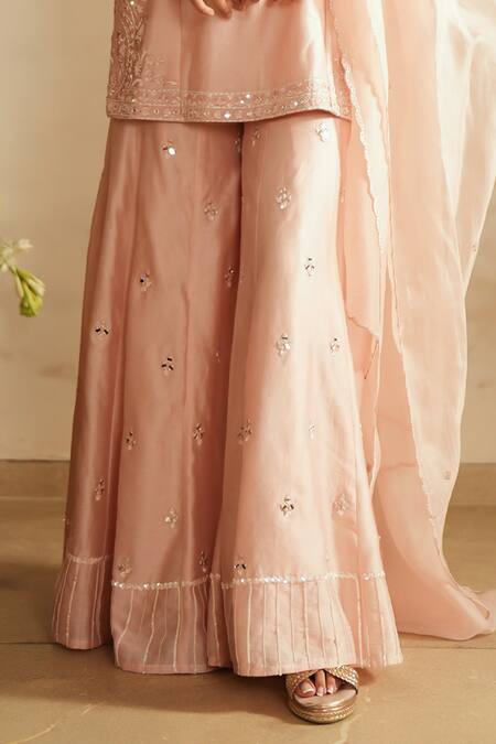 Shop_Saisha_Pink Chanderi Silk, Organza Sequins, Embroidery Round Neck Baby Kurta Set _Online_at_Aza_Fashions