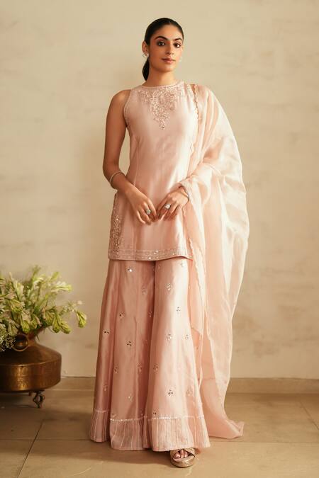 Saisha_Pink Chanderi Silk, Organza Sequins, Embroidery Round Neck Baby Kurta Set _at_Aza_Fashions
