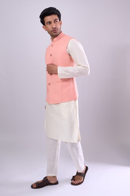 Arihant Rai Sinha Peach Poly Jacquard Bundi 