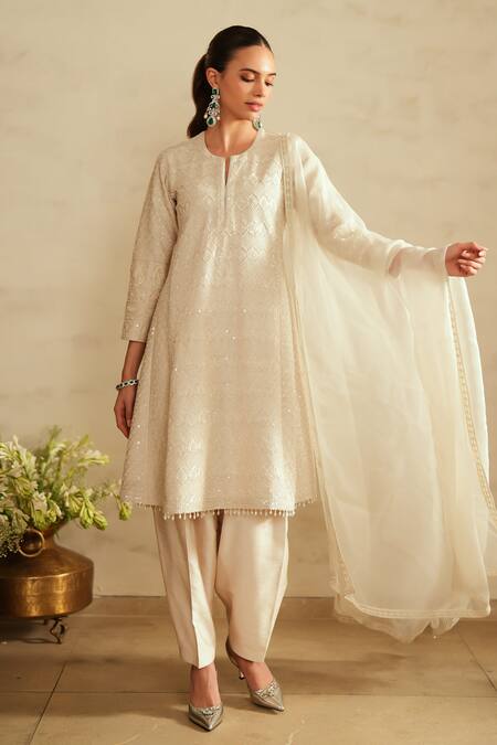 Shop_Saisha_Ivory Silk, Organza Sequins, Embroidery Round Neck Jhalak Kurta Set _Online_at_Aza_Fashions