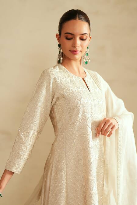 Saisha_Ivory Silk, Organza Sequins, Embroidery Round Neck Jhalak Kurta Set _at_Aza_Fashions