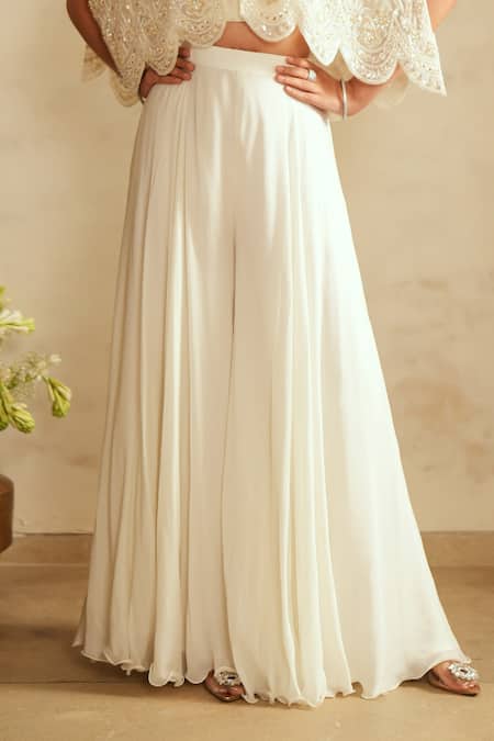 Buy_Saisha_Ivory Organza, Chiffon Beads Round Neck Sharara Set _Online_at_Aza_Fashions