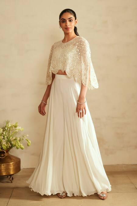 Shop_Saisha_Ivory Organza, Chiffon Beads Round Neck Sharara Set _Online_at_Aza_Fashions