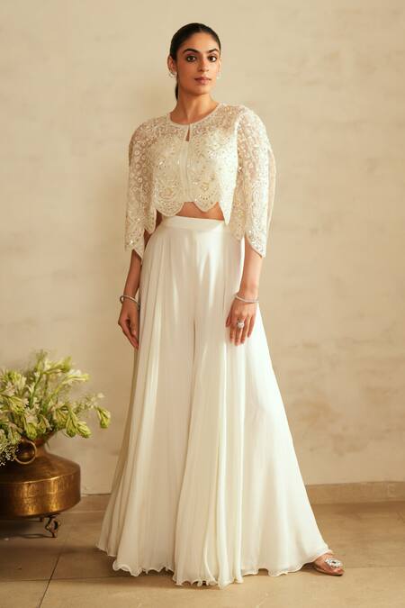 Saisha_Ivory Organza, Chiffon Beads Round Neck Sharara Set _at_Aza_Fashions