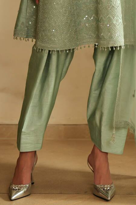 Saisha_Aqua Silk, Organza Embroidery Split V-neck Blue Jhalak Kurta Set _Online_at_Aza_Fashions
