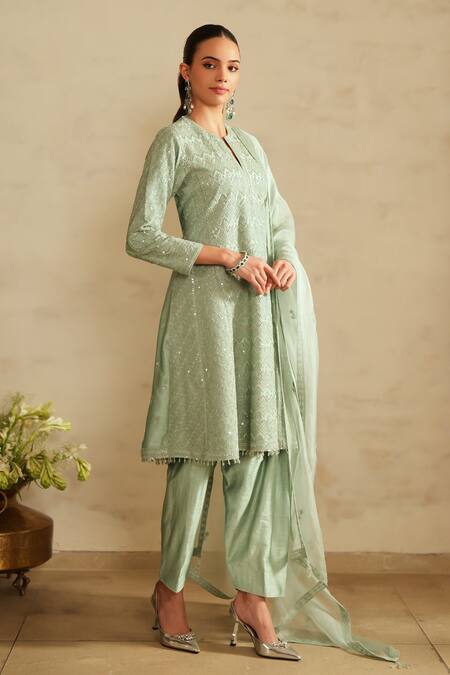 Buy_Saisha_Aqua Silk, Organza Embroidery Split V-neck Blue Jhalak Kurta Set _Online_at_Aza_Fashions