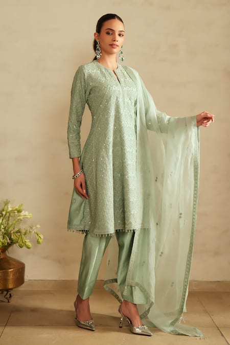 Shop_Saisha_Aqua Silk, Organza Embroidery Split V-neck Blue Jhalak Kurta Set _Online_at_Aza_Fashions
