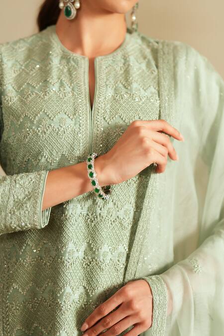 Saisha_Aqua Silk, Organza Embroidery Split V-neck Blue Jhalak Kurta Set _at_Aza_Fashions