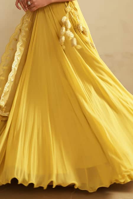 Saisha_Yellow Georgette, Organza Sequins, Embroidery Round Neck Lemon Lehenga Set _Online_at_Aza_Fashions