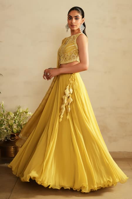 Buy_Saisha_Yellow Georgette, Organza Sequins, Embroidery Round Neck Lemon Lehenga Set _Online_at_Aza_Fashions