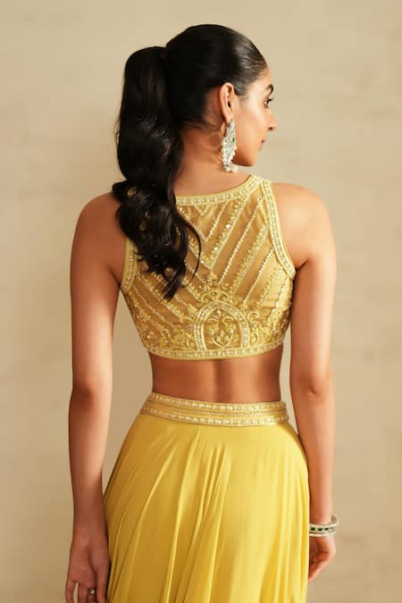 Shop_Saisha_Yellow Georgette, Organza Sequins, Embroidery Round Neck Lemon Lehenga Set _Online_at_Aza_Fashions