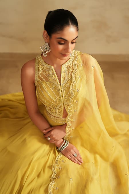 Saisha_Yellow Georgette, Organza Sequins, Embroidery Round Neck Lemon Lehenga Set _at_Aza_Fashions