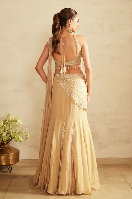Saisha Beige Gold Pre-Draped Lehenga Saree With Blouse 