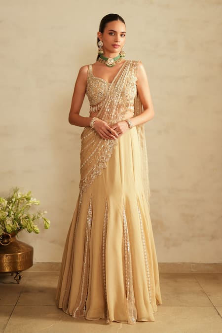 Saisha Beige Gold Pre-Draped Lehenga Saree With Blouse 