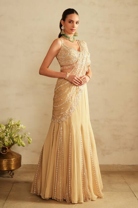 Buy_Saisha_Beige Organza, Georgette Beads, Gold Pre-draped Lehenga Saree With Blouse _Online_at_Aza_Fashions