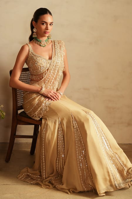 Shop_Saisha_Beige Organza, Georgette Beads, Gold Pre-draped Lehenga Saree With Blouse _Online_at_Aza_Fashions