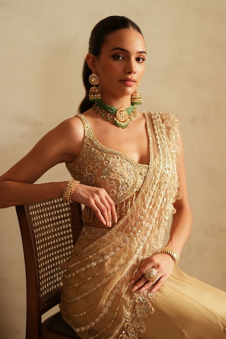 Saisha_Beige Organza, Georgette Beads, Gold Pre-draped Lehenga Saree With Blouse _at_Aza_Fashions