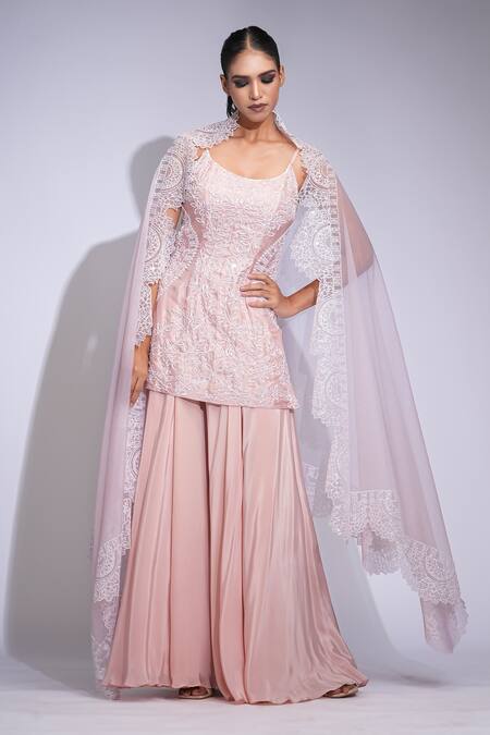 Shruti S_Pink Silk, Crepe, Organza Sequins Round Neck Kurta Sharara Set _Online_at_Aza_Fashions