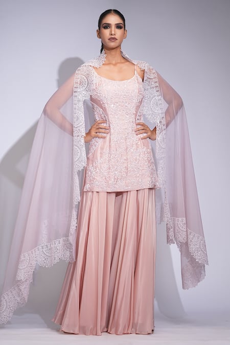 Shop_Shruti S_Pink Silk, Crepe, Organza Sequins Round Neck Kurta Sharara Set _Online_at_Aza_Fashions