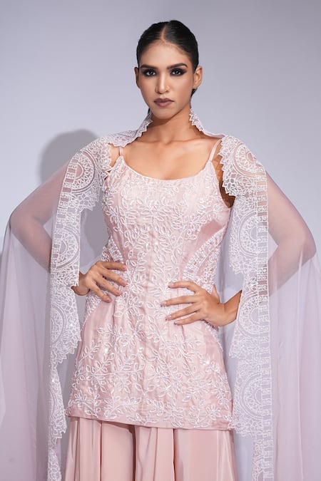 Shruti S_Pink Silk, Crepe, Organza Sequins Round Neck Kurta Sharara Set _at_Aza_Fashions