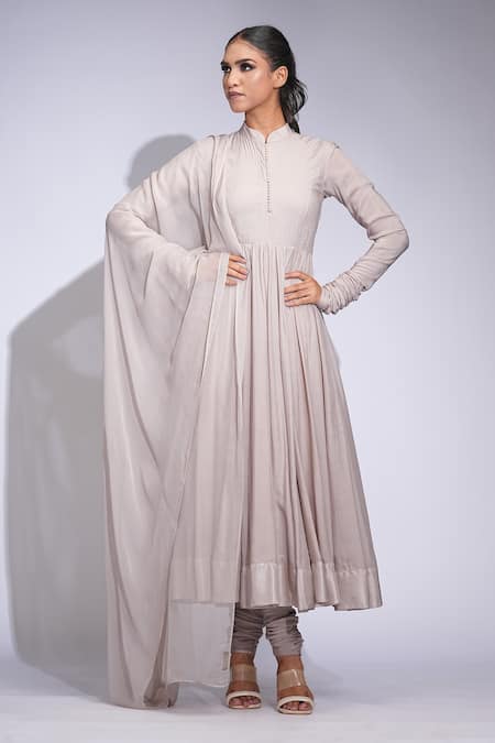 Shruti S Beige Cotton, Georgette Embroidery Mandarin Collar Thread Work Anarkali Set