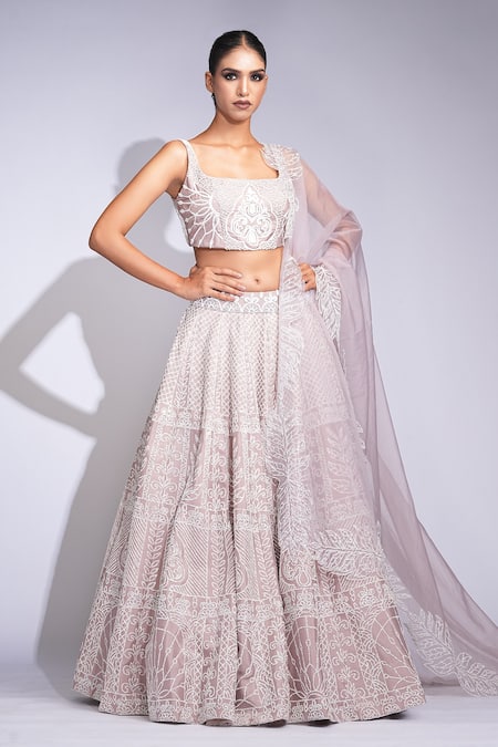 Shruti S Rose Gold Silk, Organza Sequins, Pearls Square Neck Embroidered Lehenga Set 