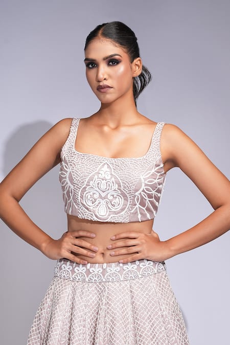 Buy Shruti S Rose Gold Silk, Organza Sequins, Pearls Square Neck Embroidered Lehenga Set Online at Aza Fashions Buy_Shruti S_Rose Gold Silk, Organza Sequins, Pearls Square Neck Embroidered Lehenga Set _Online_at_Aza_Fashions