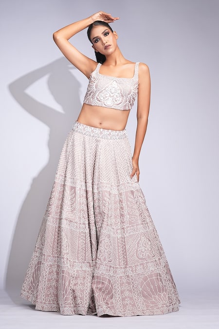 Shop Shruti S Rose Gold Silk, Organza Sequins, Pearls Square Neck Embroidered Lehenga Set Online at Aza Fashions Shop_Shruti S_Rose Gold Silk, Organza Sequins, Pearls Square Neck Embroidered Lehenga Set _Online_at_Aza_Fashions