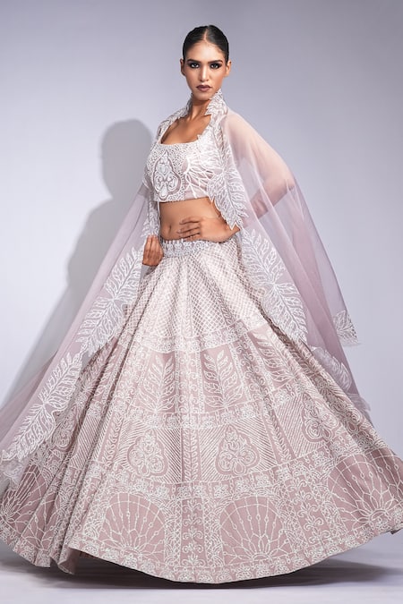 Buy Shruti S Rose Gold Silk, Organza Sequins, Pearls Square Neck Embroidered Lehenga Set Buy_Shruti S_Rose Gold Silk, Organza Sequins, Pearls Square Neck Embroidered Lehenga Set