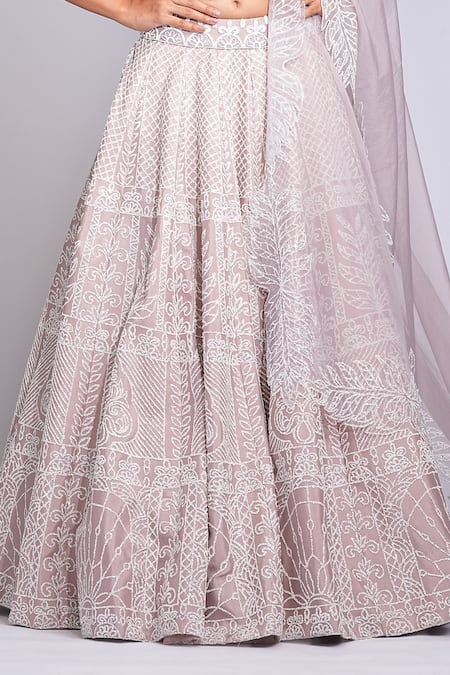 Shop Shruti S Rose Gold Silk, Organza Sequins, Pearls Square Neck Embroidered Lehenga Set Shop_Shruti S_Rose Gold Silk, Organza Sequins, Pearls Square Neck Embroidered Lehenga Set