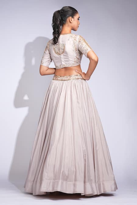 Shruti S Beige Silk Embroidered Lehenga Set 