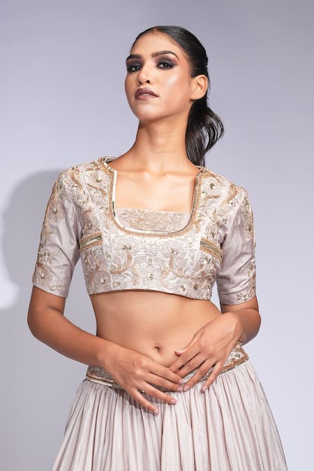 Buy Shruti S Beige Silk, Organza Zari, Sequins Square Neck Embroidered Lehenga Set Buy_Shruti S_Beige Silk, Organza Zari, Sequins Square Neck Embroidered Lehenga Set