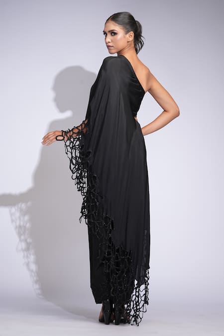 Shruti S_Black Silk Sequins, Cut Work One Shoulder Kaftan Set _Online_at_Aza_Fashions