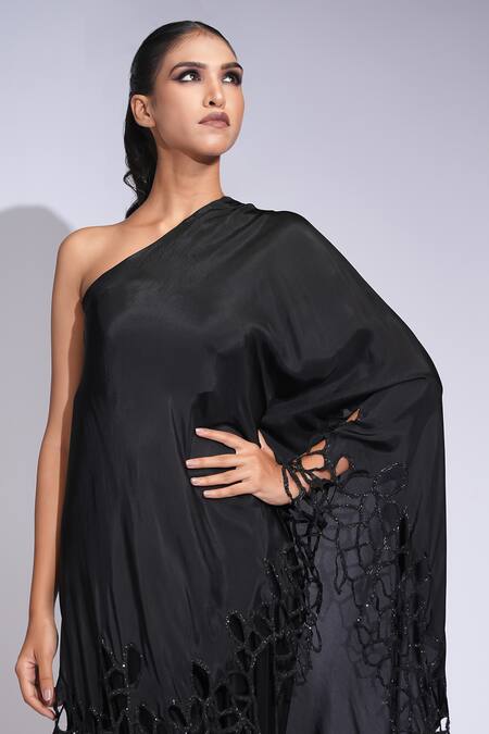 Buy_Shruti S_Black Silk Sequins, Cut Work One Shoulder Kaftan Set _Online_at_Aza_Fashions