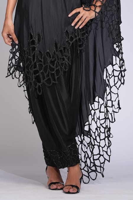 Shop_Shruti S_Black Silk Sequins, Cut Work One Shoulder Kaftan Set _Online_at_Aza_Fashions