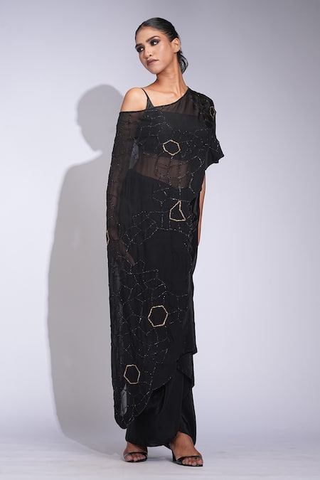 Shruti S_Black Crepe, Silk Sequins Round Neck, Off-shoulder Up-cycled Dhoti Set _Online_at_Aza_Fashions