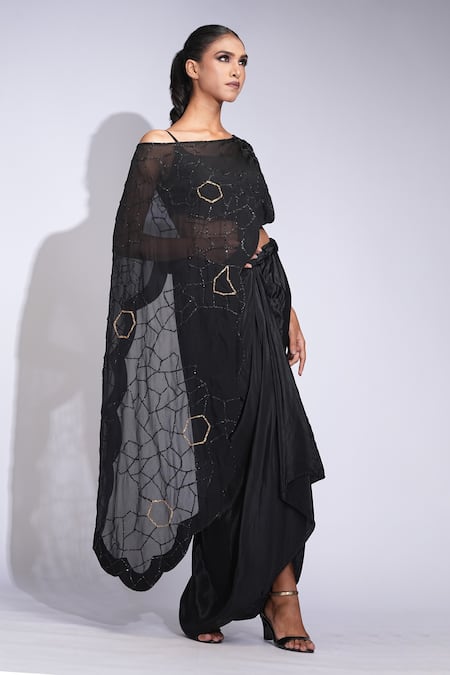 Buy_Shruti S_Black Crepe, Silk Sequins Round Neck, Off-shoulder Up-cycled Dhoti Set _Online_at_Aza_Fashions