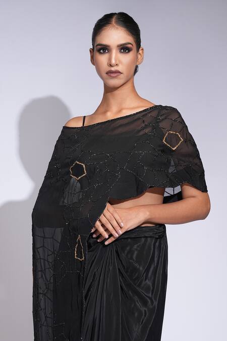 Shop_Shruti S_Black Crepe, Silk Sequins Round Neck, Off-shoulder Up-cycled Dhoti Set _Online_at_Aza_Fashions