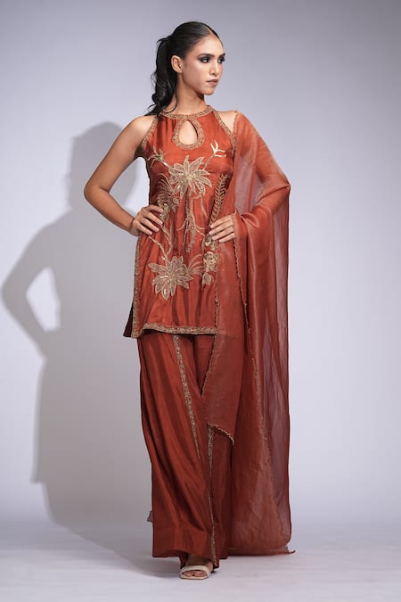 Shruti S_Orange Modal, Satin Embroidery, Zari, Sequins Keyhole Hand-embroidered Kurta Set _Online_at_Aza_Fashions