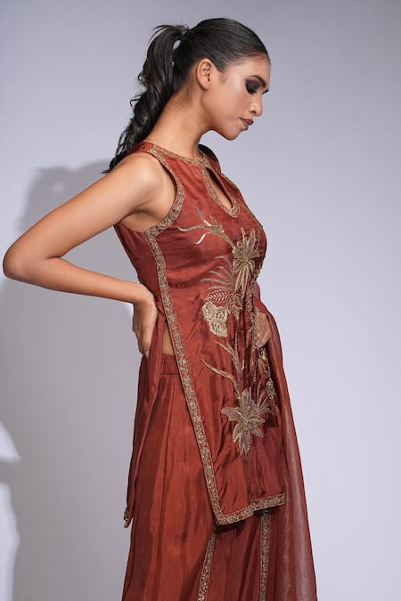 Shop_Shruti S_Orange Modal, Satin Embroidery, Zari, Sequins Keyhole Hand-embroidered Kurta Set _Online_at_Aza_Fashions